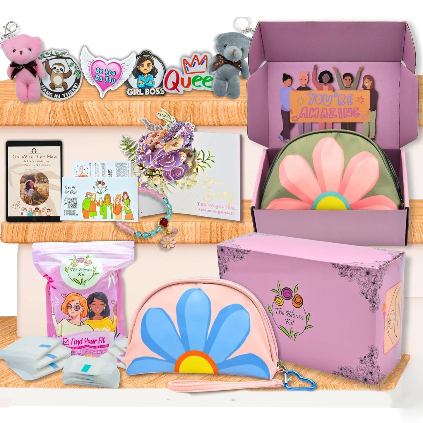 The Bloom First Period Kit for Girls 9-12 - 90 PC Period Starter Kit for Tweens - School Emergency Kit for Teen Girls with Cute Little Bags - First Period Gift Box (Green & Pink) Pack of 3