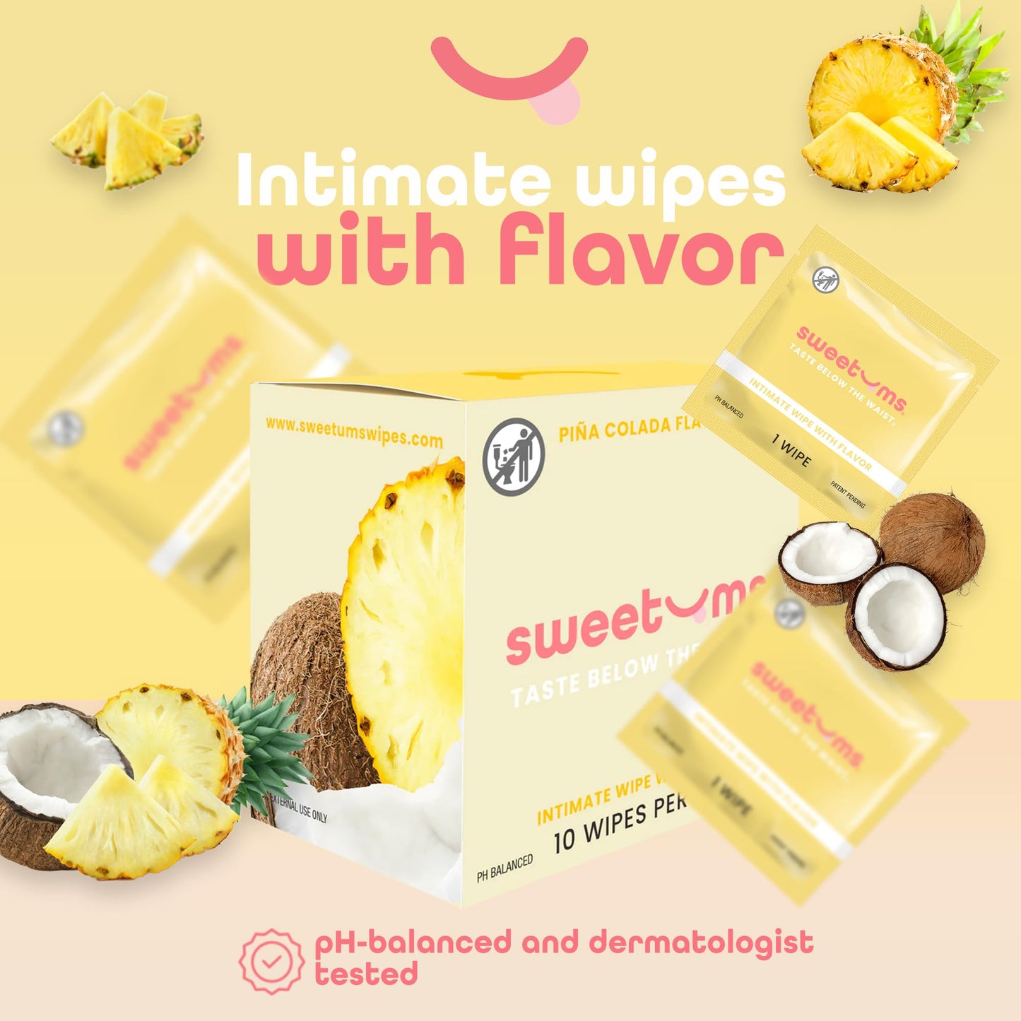 Sweetums Feminine Wipes For Women, Individually Wrapped - pH Balanced Flavored Intimate Wipes - Pack of 10 (Pina Colada)