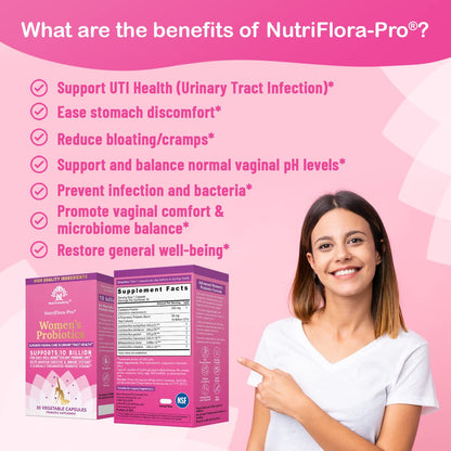 NutriCelebrity NutriFlora-Pro Probiotics for Women - Support Vaginal, Urinary Health (UTI), Digestive System, Period Pain, Yeast, and BV Relief, Cranberry Pills, 10 Billion CFU 6 Strains (30 Caps)