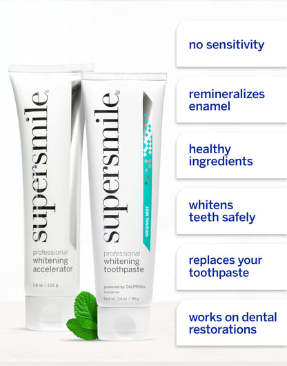 Supersmile Fluoride-Free Whitening System – 3.4 oz Professional Grade Whitening Toothpaste & 3.6 oz Accelerator – Whitens up to 6 Shades & Strengthens Enamel