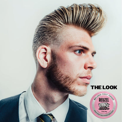 REUZEL Pink Grease Pomade, Strong All Day Hold, Oil-Based Styling Wax, Medium Shine, Easy To Wash Out, For All Hair Types