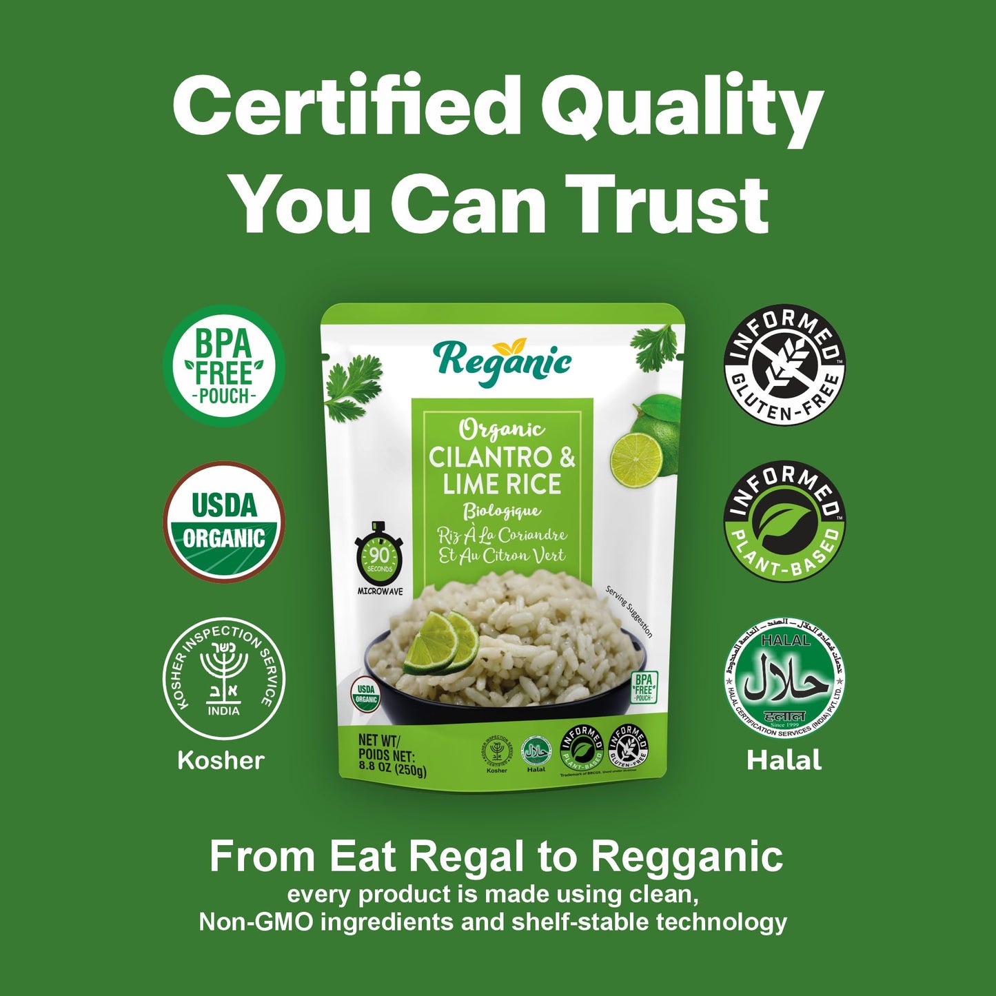 Reganic Cilantro & Lime Rice Pouch, USDA Organic, Zesty Global Flavor, 8g Protein & 6g Fiber, Made with 7 Organic Ingredients, Always Fluffy, Ready in 1.5 Minutes, Vegan Gluten-Free Non-GMO, 8.8 oz Pack of 6