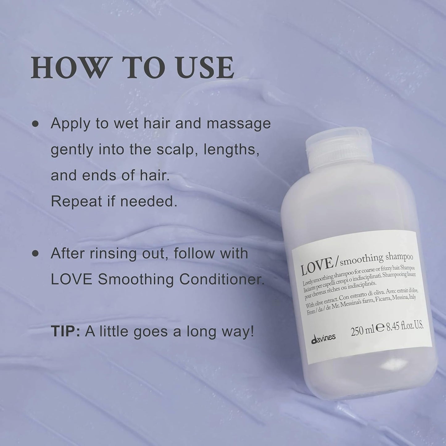 Davines LOVE Smoothing Shampoo, Taming Anti-Frizz Gentle Cleansing Action for Wavy, Unruly, Coarse Hair - Gives Shine, Elasticity, Softness & Sleek Look with Olive Extract, Travel Size, 2.54 Fl Oz
