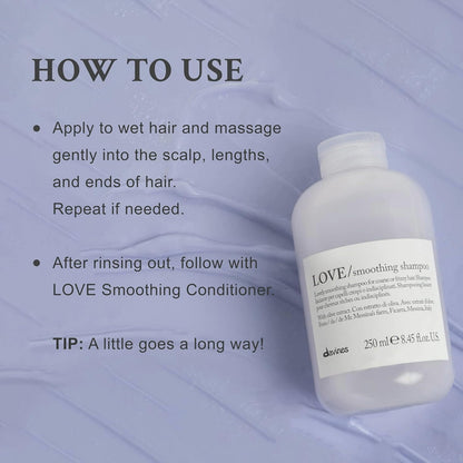 Davines LOVE Smoothing Shampoo, Taming Anti-Frizz Gentle Cleansing Action for Wavy, Unruly, Coarse Hair - Gives Shine, Elasticity, Softness & Sleek Look with Olive Extract, Travel Size, 2.54 Fl Oz