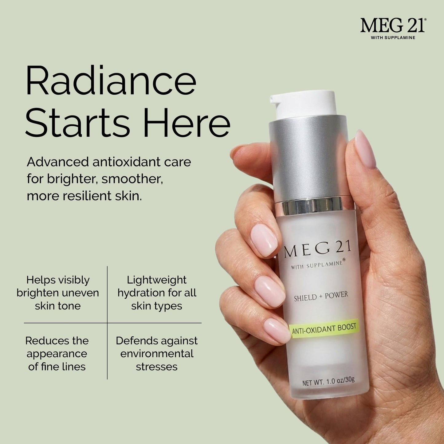 MEG 21 Anti-Oxidant Boost Serum for Face – Helps Reduce the Look of Dark Spots, Wrinkles & Sun-Related Skin Stress – Brightening Serum with Vitamin C–Rich Gooseberry and Patented SUPPLAMINE (1 oz)