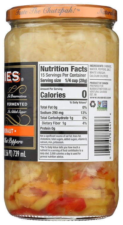 Bubbies Spicy Sauerkraut, 25 fl oz – Pack of 2 – Naturally Fermented, Probiotic-Rich, Gluten-Free, Bold & Tangy Flavor