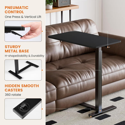 Overbed Bedside Table with Hidden Casters, Adjustable Pneumatic Mobile Laptop Computer Standing Desk, Rolling Laptop Table, Movable Overbed Table Hospital Home Use, Black