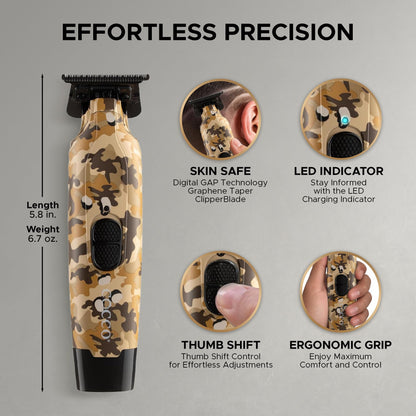 Cocco Hyper Veloce Pro Trimmer, Digital Gap Graphene Blade Edger, High-Torque Brushless BLDC Motor, Cordless, All-Metal Design, Lithium-Ion Battery, Charging Base Included (Camo)