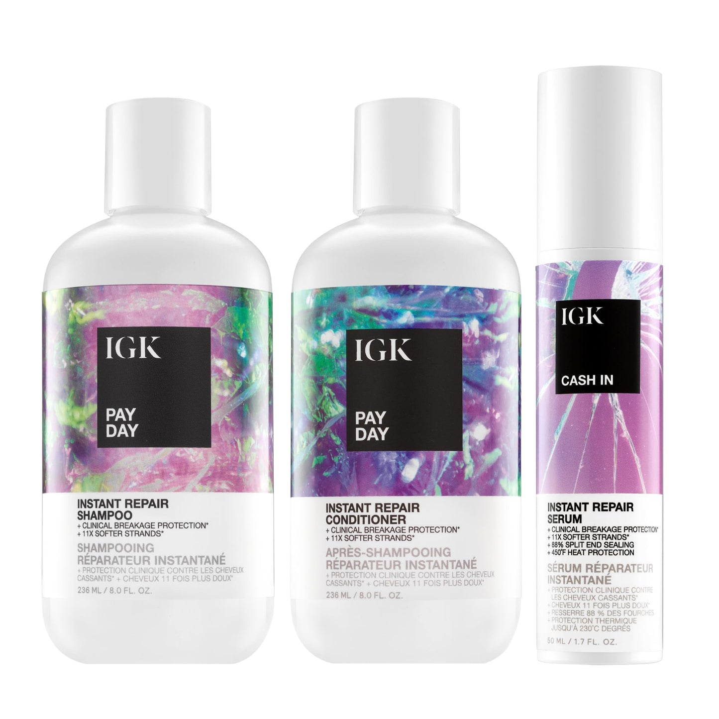 IGK Pay Day Instant Repair Shampoo + Pay Day Instant Repair Conditioner + Cash In Repair Serum – Hair Repair, Hydration & Strengthening Trio – Vegan & Cruelty-Free