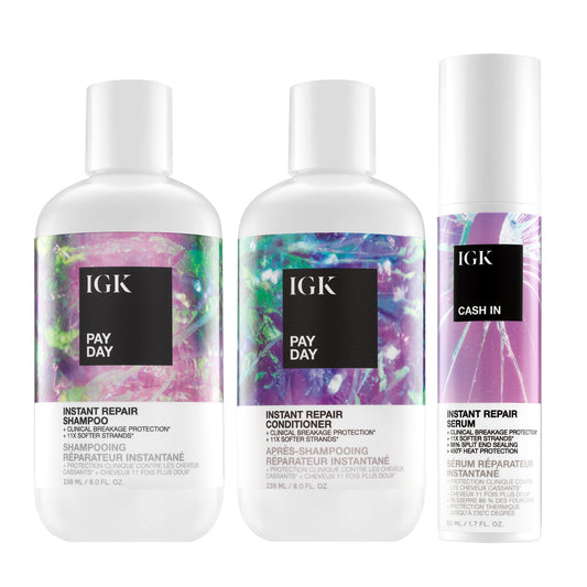IGK Pay Day Instant Repair Shampoo + Pay Day Instant Repair Conditioner + Cash In Repair Serum – Hair Repair, Hydration & Strengthening Trio – Vegan & Cruelty-Free