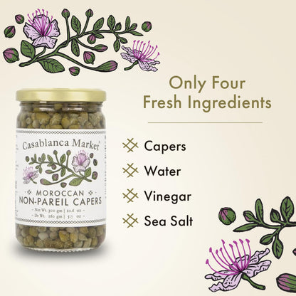 Casablanca Market Moroccan Capers Non Pareil — Handpicked, Premium Capers Jar in Pure Brine — Non-GMO, Plant-Based, Kosher, Halal-Friendly, No Preservatives — For Pasta, Sauces, Meat & More, 1-Pack