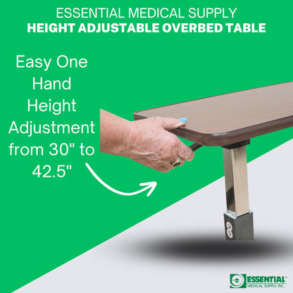 Essential Medical Supply Height Adjustable Automatic Overbed Table - Woodgrain Top with Locking Wheels, Perfect for Hospital and Home Use - Table for Easy Access and Convenience for Adults and Seniors