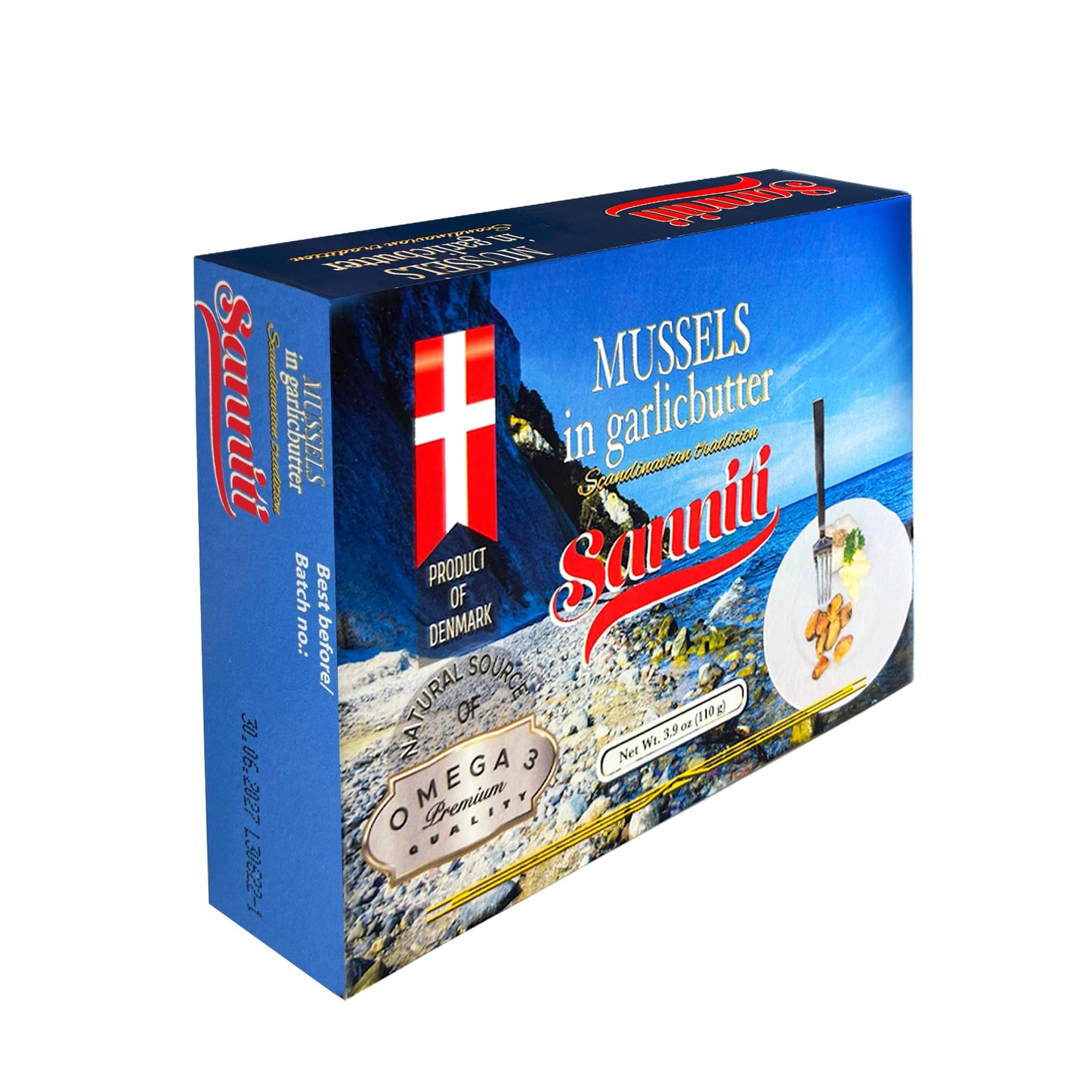Sanniti Mussels in Garlic Butter, 3.9 oz | Scandinavian-Style Seafood | Heat & Serve | Product of Denmark | Natural Source of Omega-3