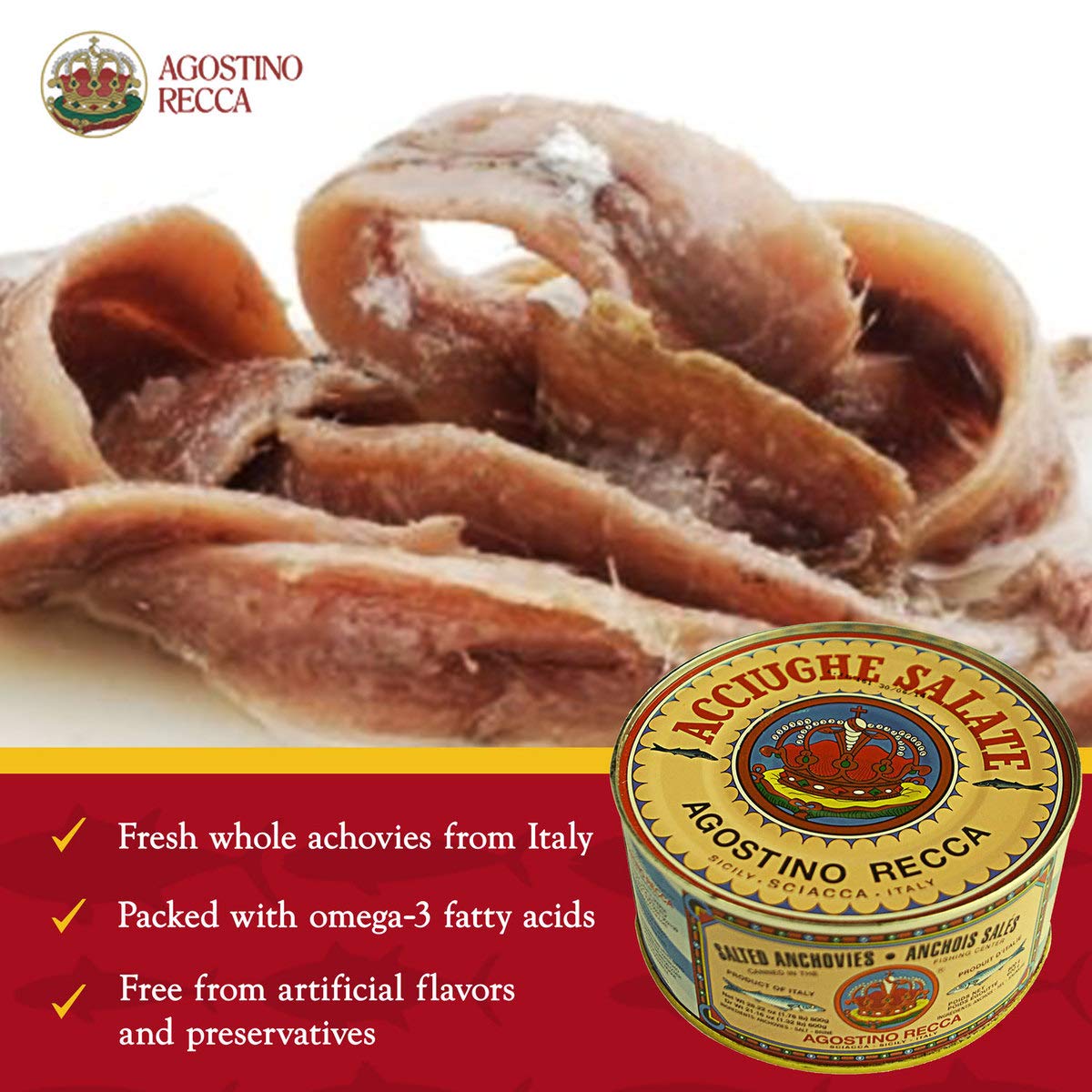Agostino Recca Fresh Anchovies from Italy - Whole Anchovies for Pizza, Pasta, and Salad - Salted Anchovies in an 800g Can (Pack of 2)