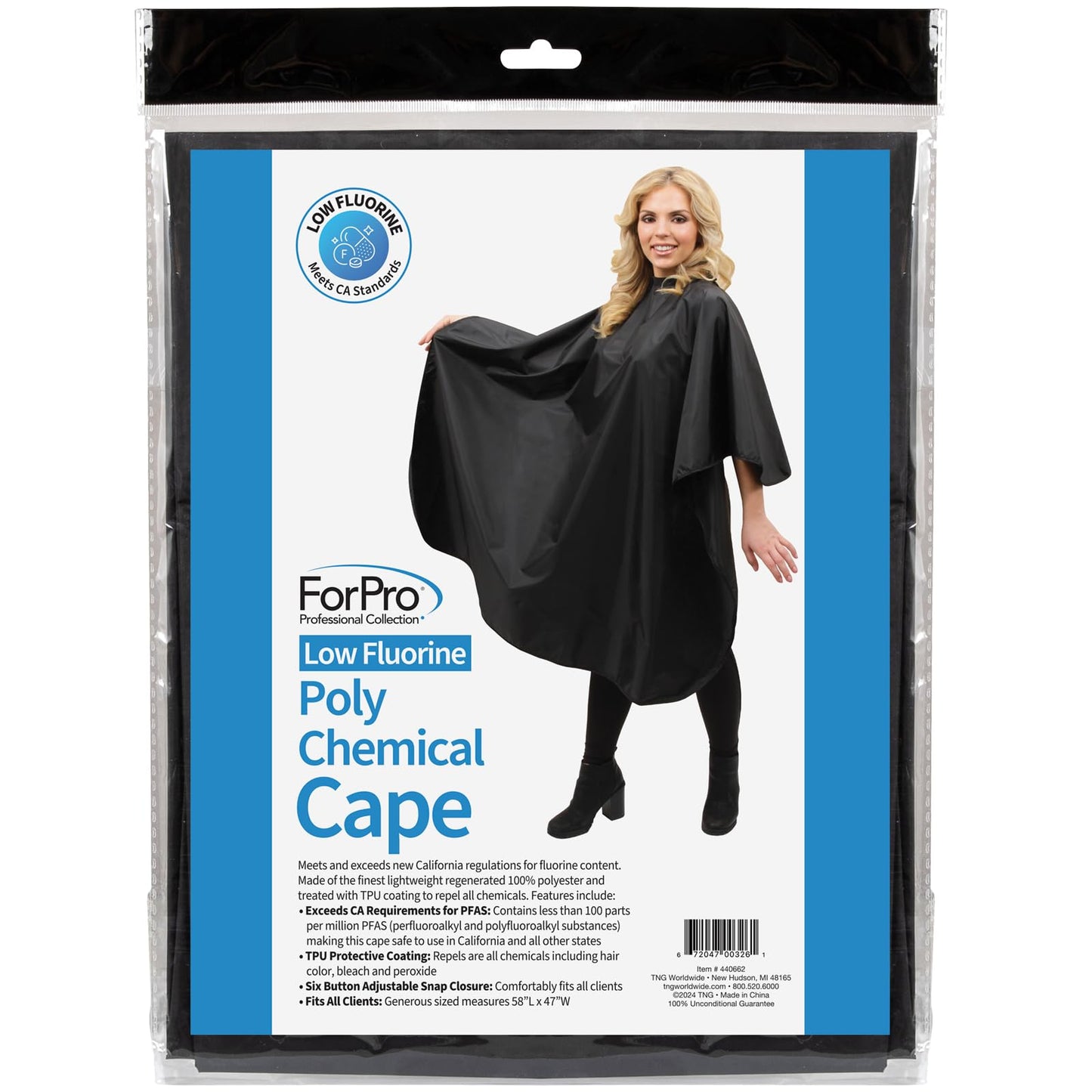 ForPro Low Fluorine Poly Chemical Cape, Professional Hair Salon Styling Cape with Adjustable Snap Closure, 58” L x 47” W, Black