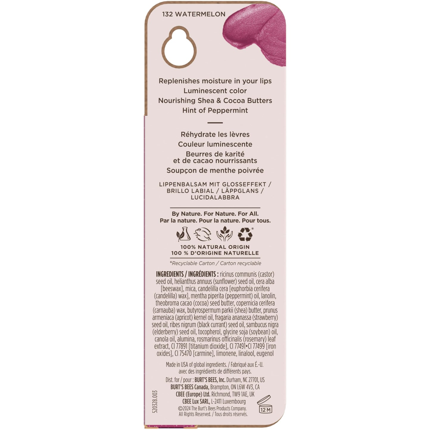 Burt's Bees Shimmer Lip Tint, Tinted Lip Balm Stick, Moisturizing for All Day Hydration with Natural Glowy Pigmented Finish & Buildable Color, Watermelon, 1 Tube, 0.09 oz.