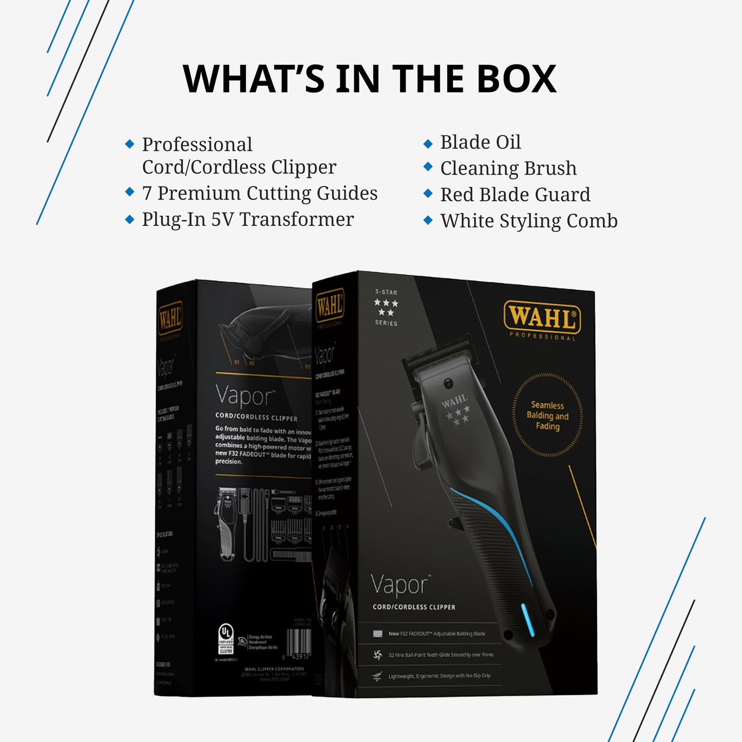 Wahl Professional 5-Star Vapor Clipper with F32 Fadeout Adjustable Balding Blade, Adaptable Speed Control, Cord/Cordless