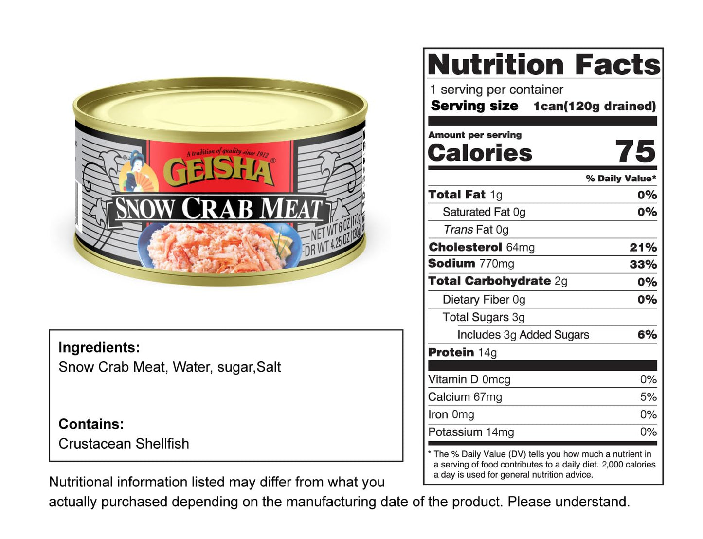GEISHA Snow Crab Meat 6OZ. (Pack of 12), Snow Crab| Hand Packed － Good Source of Protein － Wild Caught －Product of Japan
