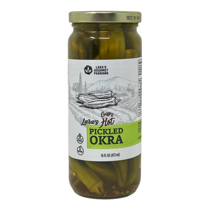 Lara's Crisp and Hot Pickled Okra – (Pack of 2, 16 fl oz each) – Zesty Southern Style Spicy Okra, Ideal for Charcuterie Boards, Gourmet Snacks, and Cocktails – Gluten-Free, All-Natural, Vegan-Friendly