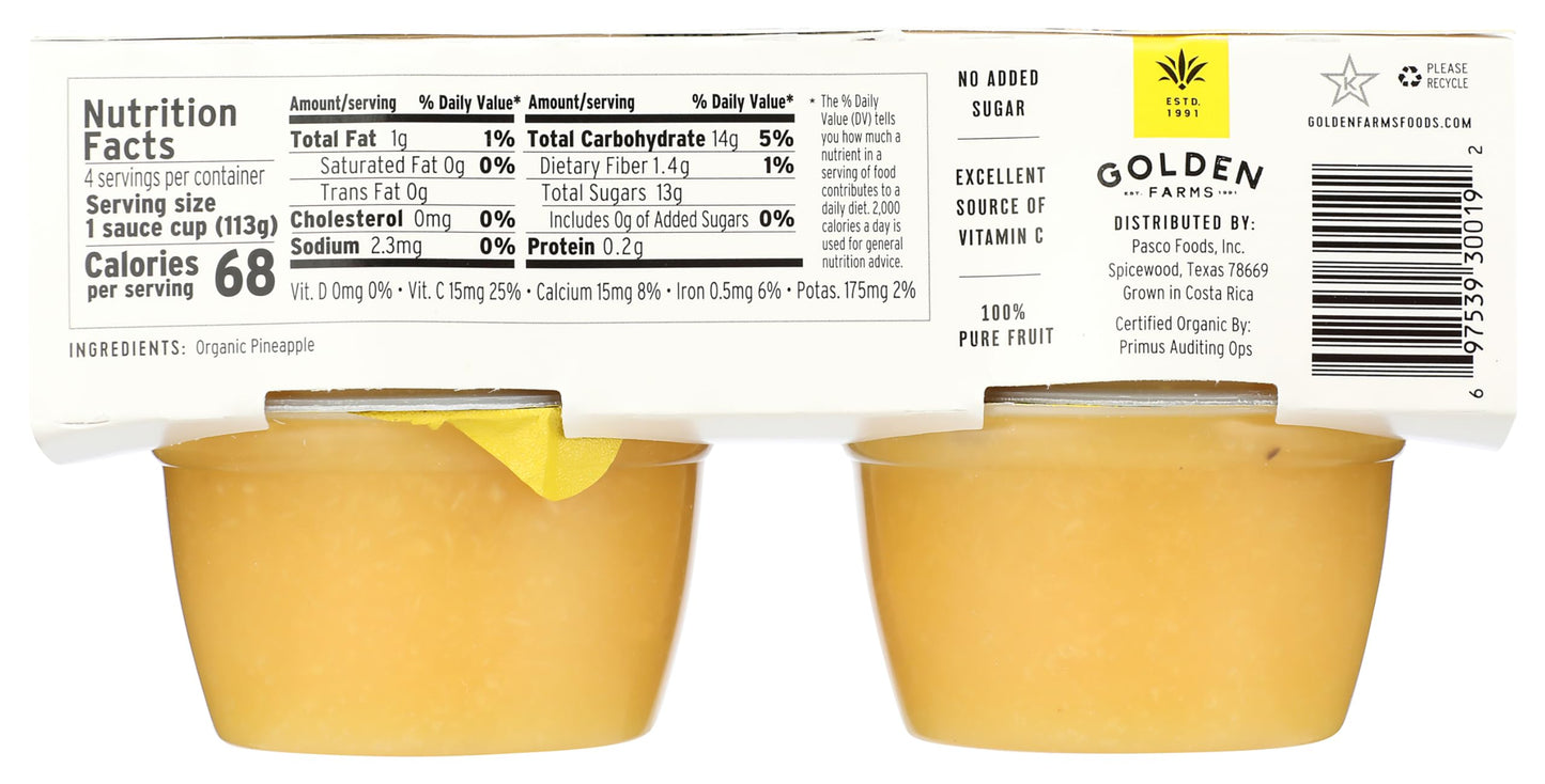 Golden Farms Pineapple Cups, Single Ingredient Healthy Snacks (Pack of 4), 100% Pure Fruit, No Added Sugar, Vegan, Gluten-Free, Kosher, Organic 4oz Fruit Cups