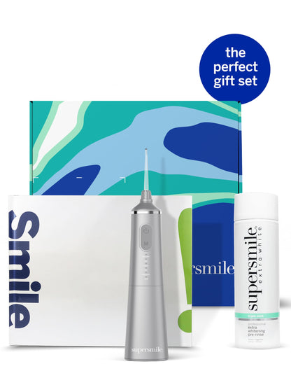 Supersmile Frosted Premium Self-Care Kit – Extra Whitening Pre-Rinse 16 Fl Oz, Professional Zina Water Flosser & Smile Book – Whitens Teeth in Hard-to-Reach Places & Supports Gum Health