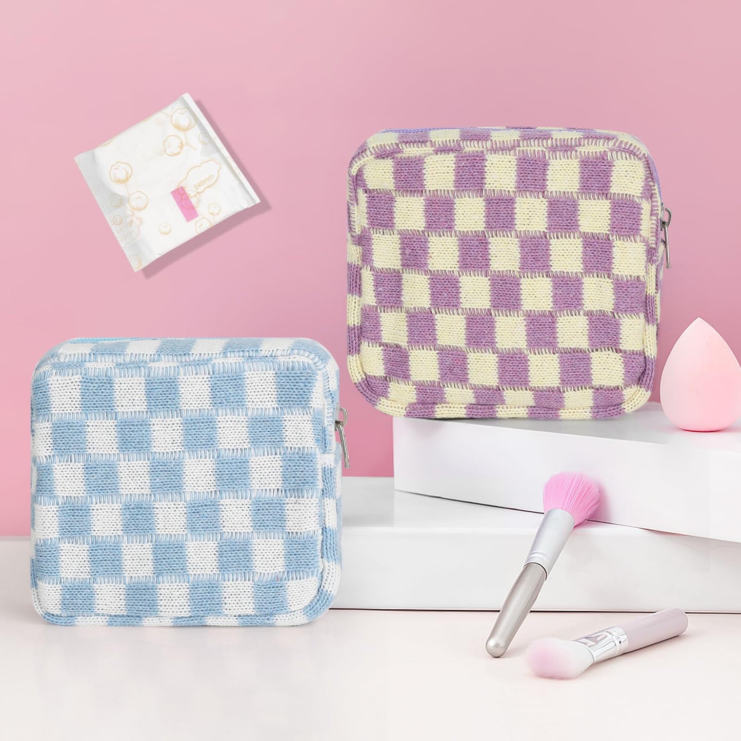 Sanitary Napkin Storage Bag, Menstrual Pad Zipper Bag Checkered Portable Period Bag Panty Liners, Tampon Storage Pouch for Women Ladies Daily Use Storage Purse Travel