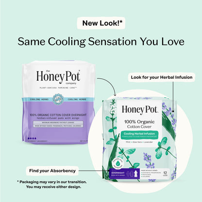 The Honey Pot Company - Herbal Pads for Women - Overnight w/Wings - Infused w/Essential Oils for Cooling Effect & Organic Cotton Cover - Feminine Care - 12 ct