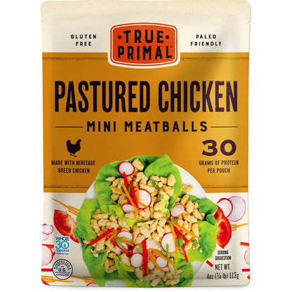 True Primal Pastured Chicken Mini Meatballs 8-pack. Ready to eat. 1/4 lb fully cooked chicken per pouch. Gluten free. Grain free. Paleo. Keto. Carnivore. Whole30. AIP.