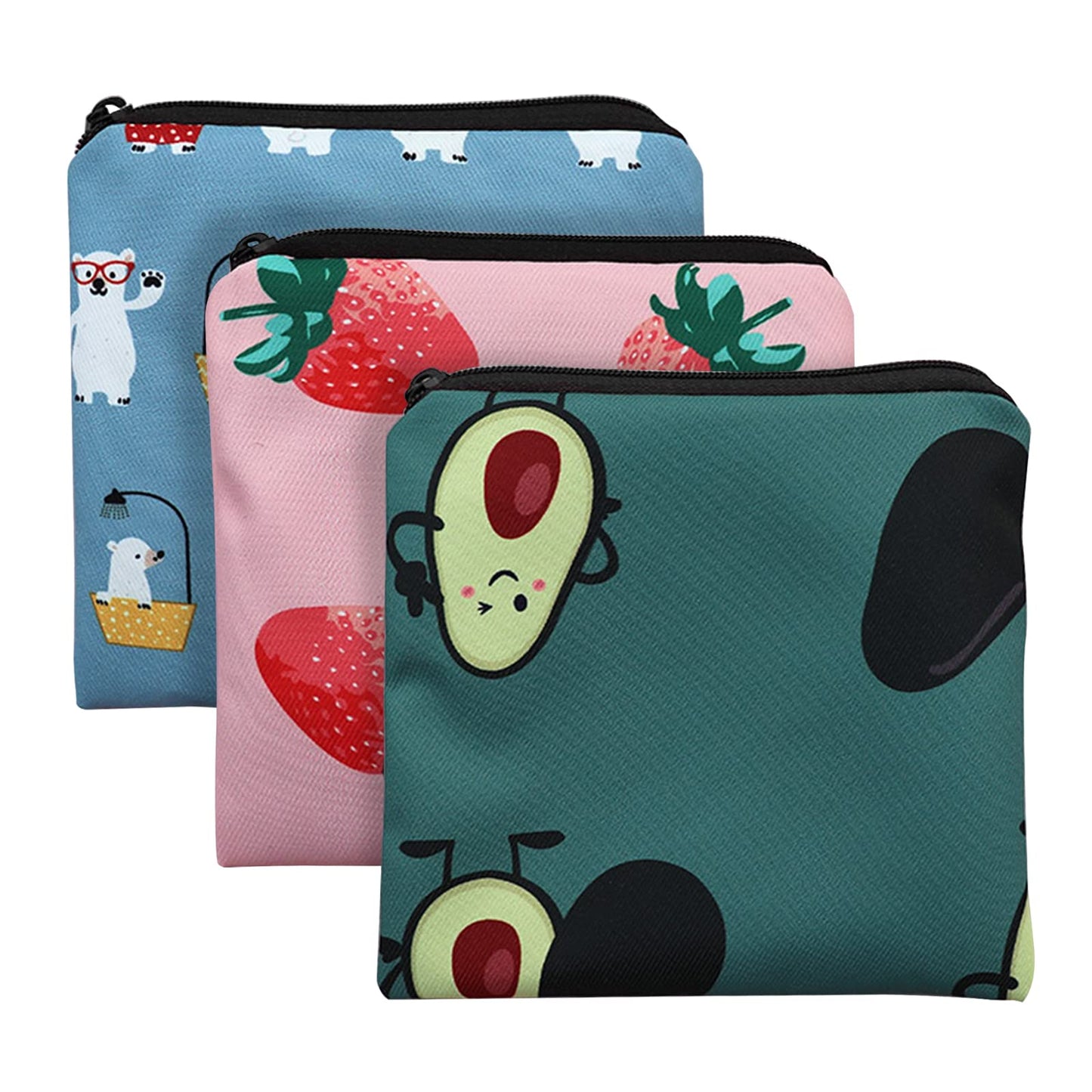 Sanitary Napkin Storage Bag,3pack Sanitary Napkin Pads Storage Bag with Zipper 5x5 inches First Period Bag for Girls,Women,Ladies(Strawberry)