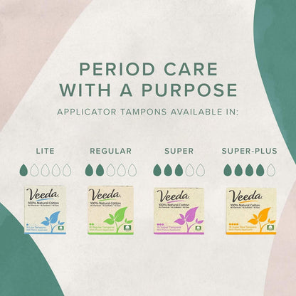 Veeda 100% Natural Cotton Tampons - Super Absorbency with Leak Proof Protection - Compact BPA-Free Applicator - Unscented & Free from Chlorine, Toxin - 96 Count
