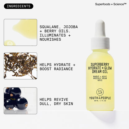 Youth To The People Superberry Hydrate + Glow Dream Face Oil - Revives Dull + Dry Skin, Boosts Radiance, Hydrating, Ultra-Lightweight Formula, Vitamin C, Squalane, Omega Oils, Vegan - 1 fl oz