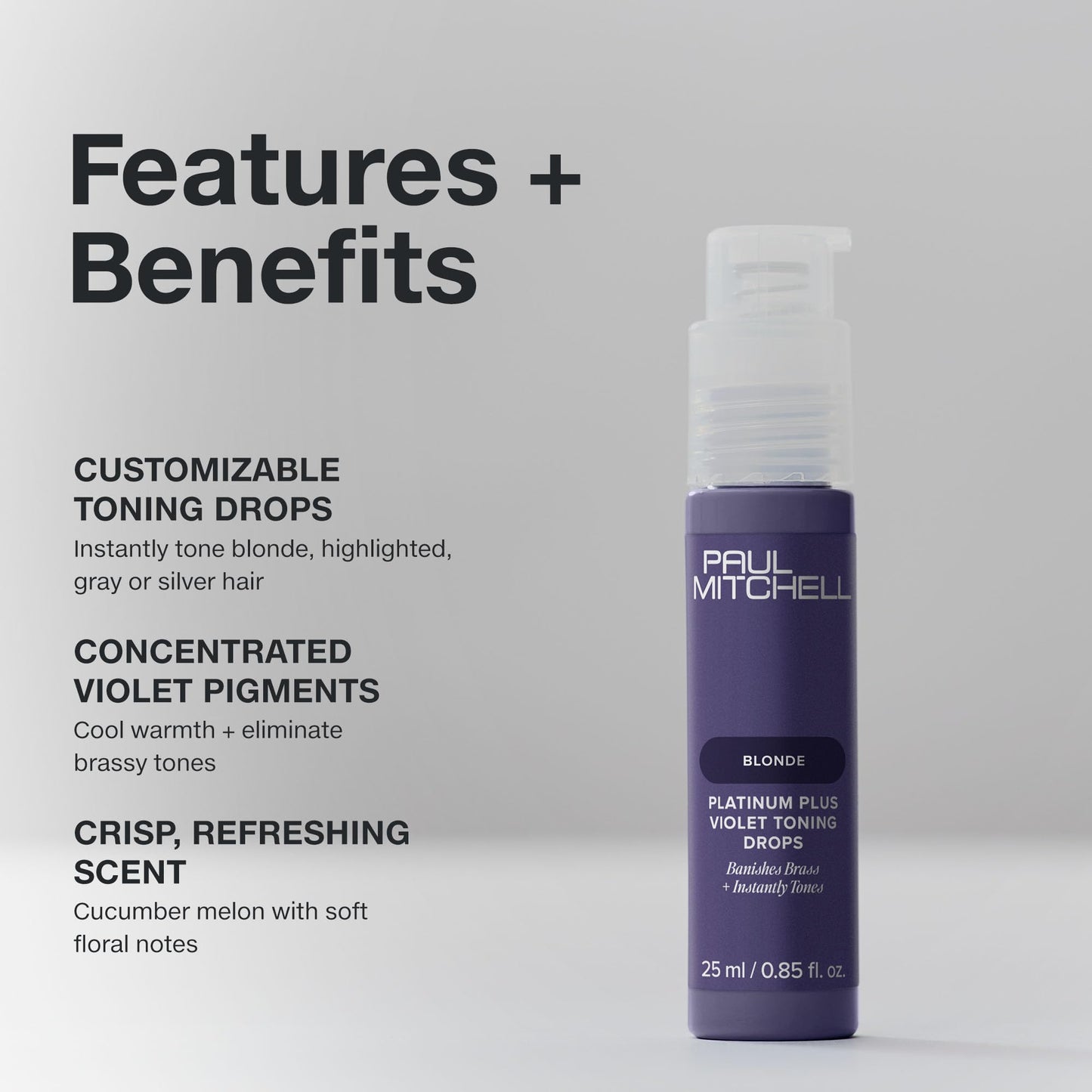 Paul Mitchell Platinum Plus Violet Toning Drops, Banishes Brass + Intensely Tones, Ideal for Blonde, Highlighted, Gray or Silver Hair, 0.85 fl. oz