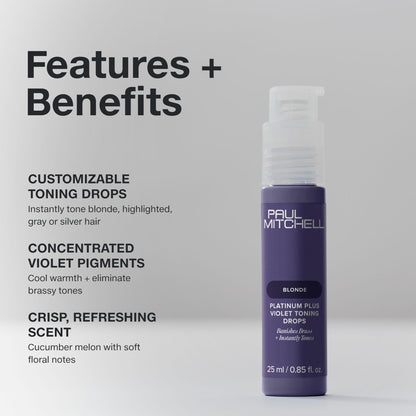 Paul Mitchell Platinum Plus Violet Toning Drops, Banishes Brass + Intensely Tones, Ideal for Blonde, Highlighted, Gray or Silver Hair, 0.85 fl. oz