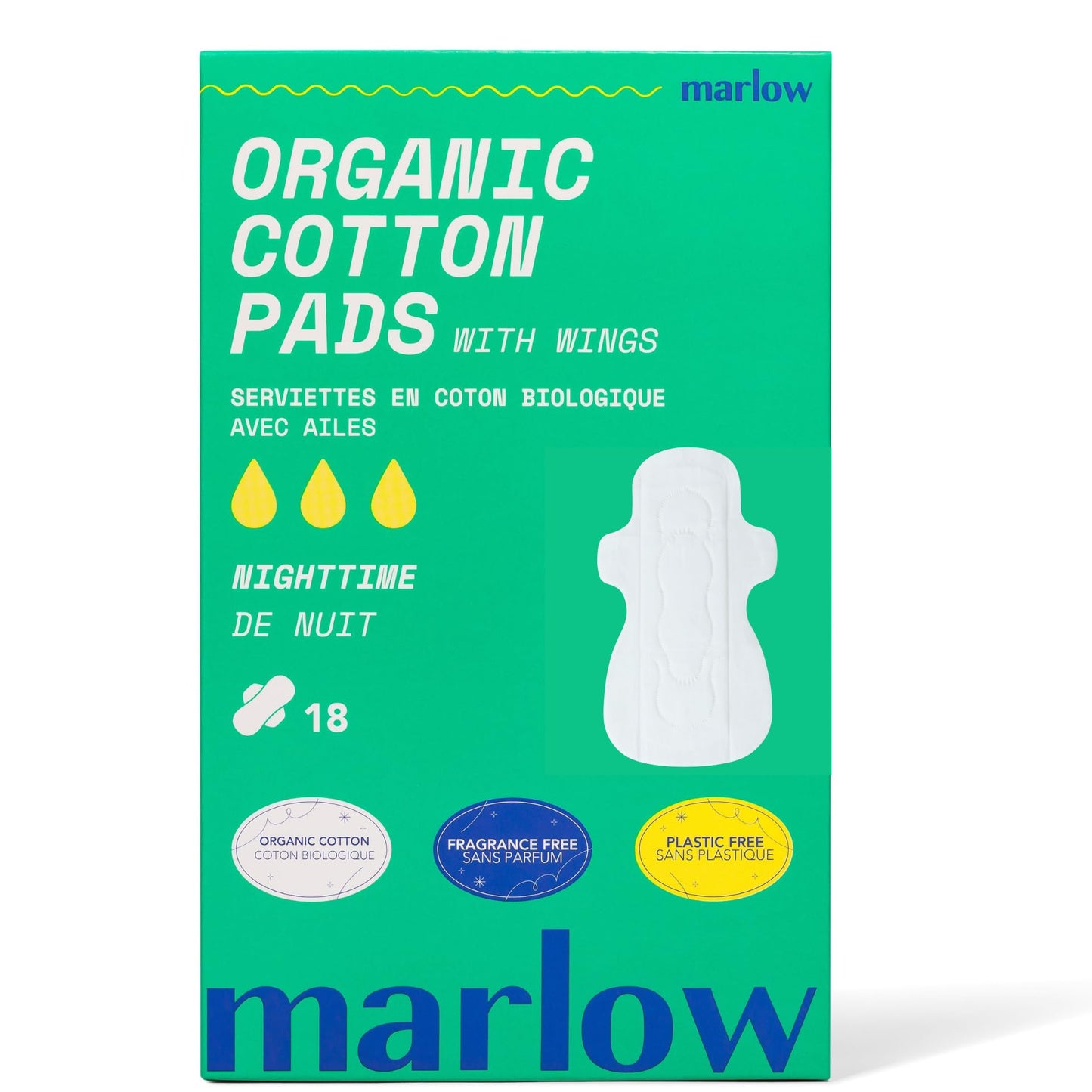 Marlow 100% Organic Cotton Top Sheet Pads, Extra Long with Two Sets of Wings, Biodegradable Wrapper, Plastic Free, Fragrance Free, Toxin Free, Hypoallergenic, Ultra Thin, Leak Proof, 18 Count