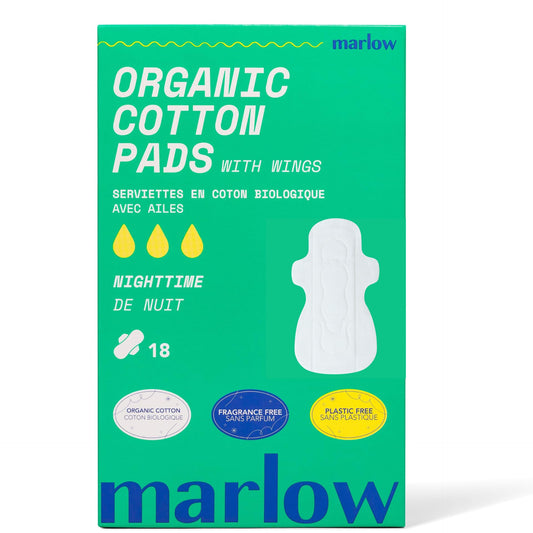 Marlow 100% Organic Cotton Top Sheet Pads, Extra Long with Two Sets of Wings, Biodegradable Wrapper, Plastic Free, Fragrance Free, Toxin Free, Hypoallergenic, Ultra Thin, Leak Proof, 18 Count