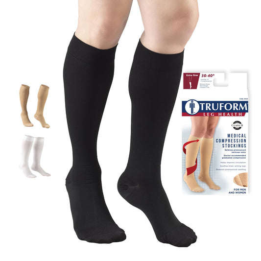 Truform 30-40 mmHg Compression Stockings for Men and Women, Knee High Length, Closed Toe, Black, Large
