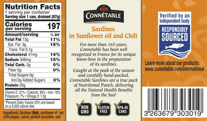 Sardines | Connetable | Sardines in Sunflower oil and Chili | 4.375 Ounce | Pack of 12