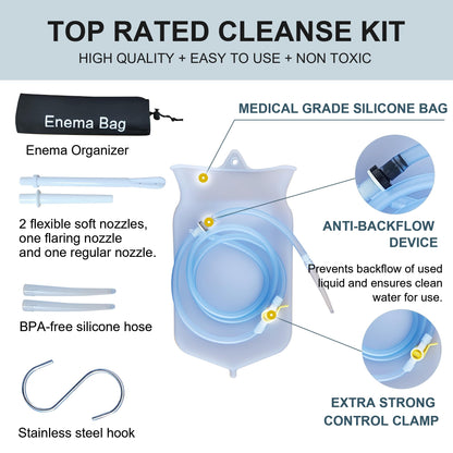 Deepdeem Clear Silicone Enema Bag Kit – 2 Quart Reusable Colon & Detox Care System with 6.75ft Hose & 7 Tips, Non-Toxic Home Colonic Kit for Men & Women (Coffee/Water Compatible)
