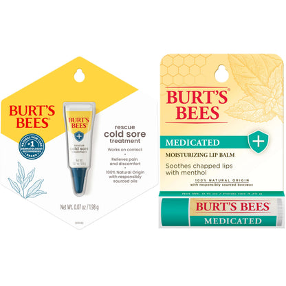 Burt's Bees Cold Sore Treatment and Medicated Lip Balm, With Menthol and Eucalyptus Oil, Natural Origin Skincare, 2 Tubes, 0.07 oz./0.15 oz.