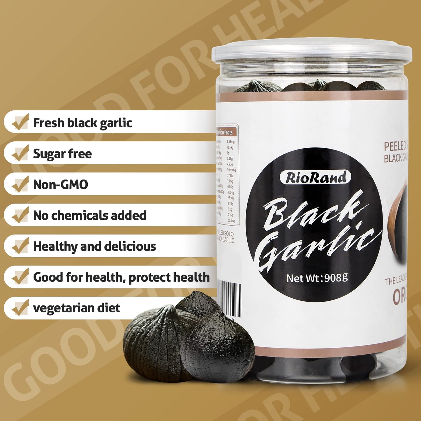 RioRand Black Garlic 908g Whole Peeled, 90-Day Aged 2 Lbs Jar, No Added Preservatives, Ready to Eat
