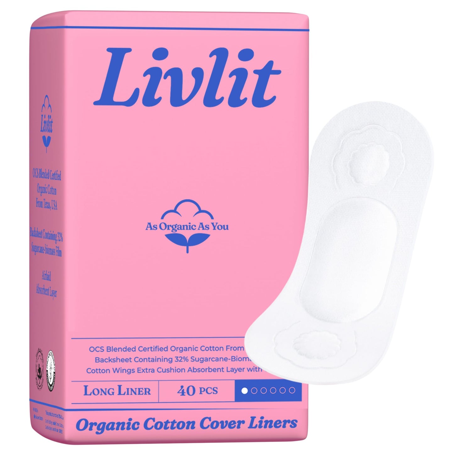 Livlit Organic Cotton Sanitary Pad Bundle – Long Liners 40pcs + Regular Pads 14pcs, Chlorine Free, Unscented, Ultra Absorbent Period Care