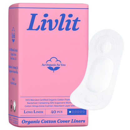 Livlit Organic Cotton Sanitary Pad Bundle – Long Liners 40pcs + Regular Pads 14pcs, Chlorine Free, Unscented, Ultra Absorbent Period Care