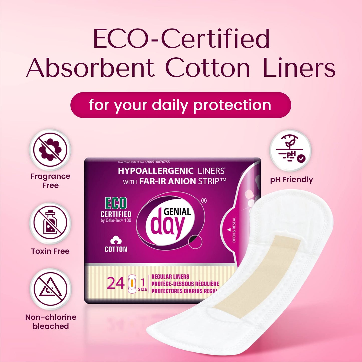 Genial Day - Cotton Panty Liners, Vegan & Non-Toxic Liners, for Women with Far-IR Anion Strip, Soft & Breathable, 6.1 Inches Long (Regular), 216 Liners, 9 Packs X 24