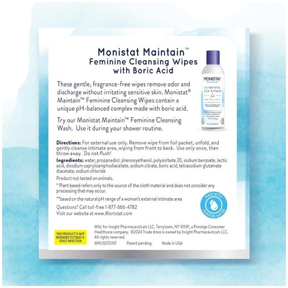 Monistat Maintain Feminine Wipes for Feminine Care, Fragrance Free, 12 CT (Pack of 3)