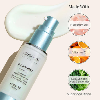 Aloette Superfood Niacinamide Serum for Face, B Your Best - Anti-Aging Pore Minimizer, Even Skin Tone & Dark Spot Corrector - Moisturizing Facial Serum with Vitamin C & Blend of Kale, Spinach & Aloe