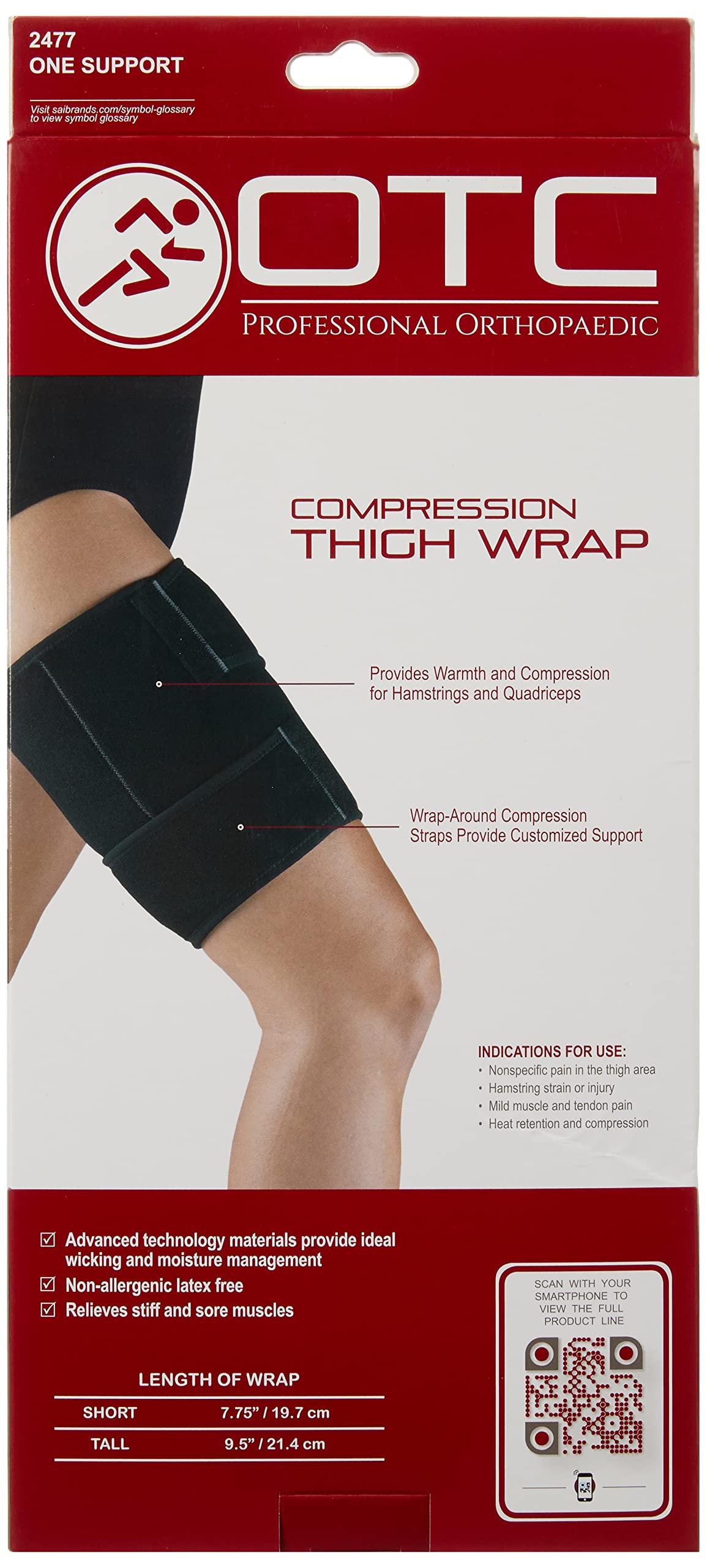OTC Adjustable Compression Thigh Wrap, Wrap-Around Straps, Hamstring Quad Support Sleeve for Men and Women, Black, Tall