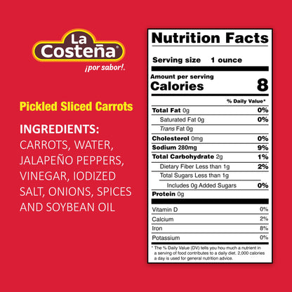 La Costena Sliced Pickled Carrots with Pickled Jalapenos - Sliced Carrots with Jalapeno Peppers - Mexican Food, Taco Toppings & Salsa - Hot Pickled Vegetables - 14.1oz, 12 Pack Canned Vegetables