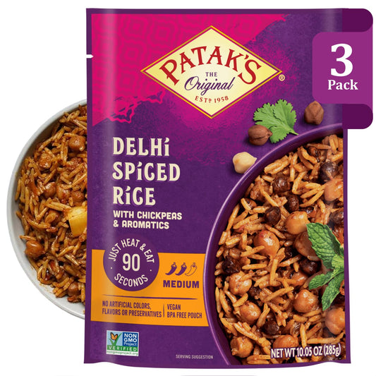 Patak's Delhi Spiced Rice, Fragrant Basmati with Chickpeas, Onion & Tomato, Kosher, Vegan Microwavable Meal Ready in 90 Seconds, For Quick Lunch or Dinner, 10.05 oz, 3-Pack