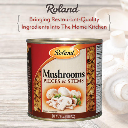 Roland Foods Button Mushrooms Pieces and Stems, Specialty Imported Food, 16 Ounce Can, Pack of 4