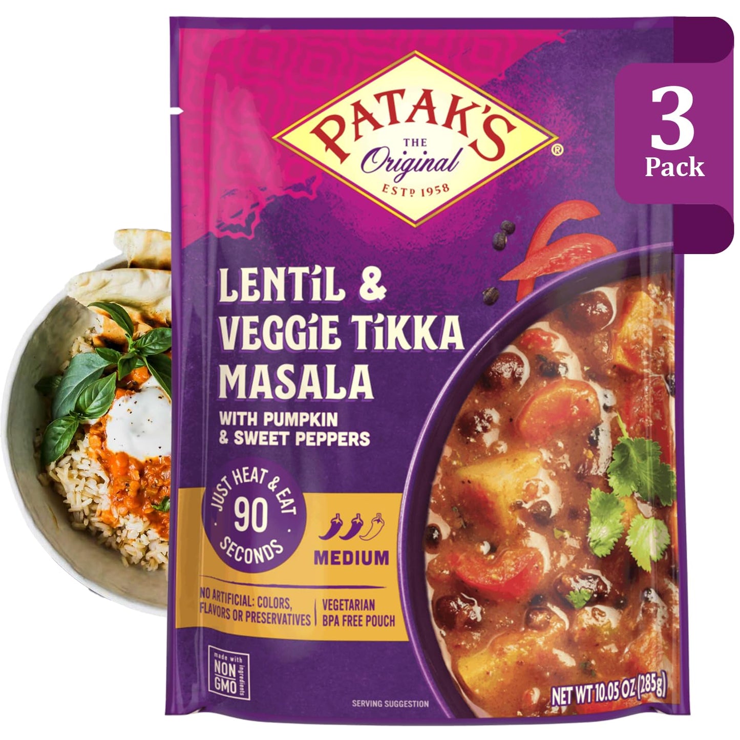 Patak’s Lentil & Veggie Tikka Masala - Vegetarian Indian Curry w/Lentils, Beans, Pumpkin, Sweet Potatoes & Vegetables - Ready-to-Eat Microwaveable Meal - Serve with Rice or Naan - 10.5oz (Pack of 3)